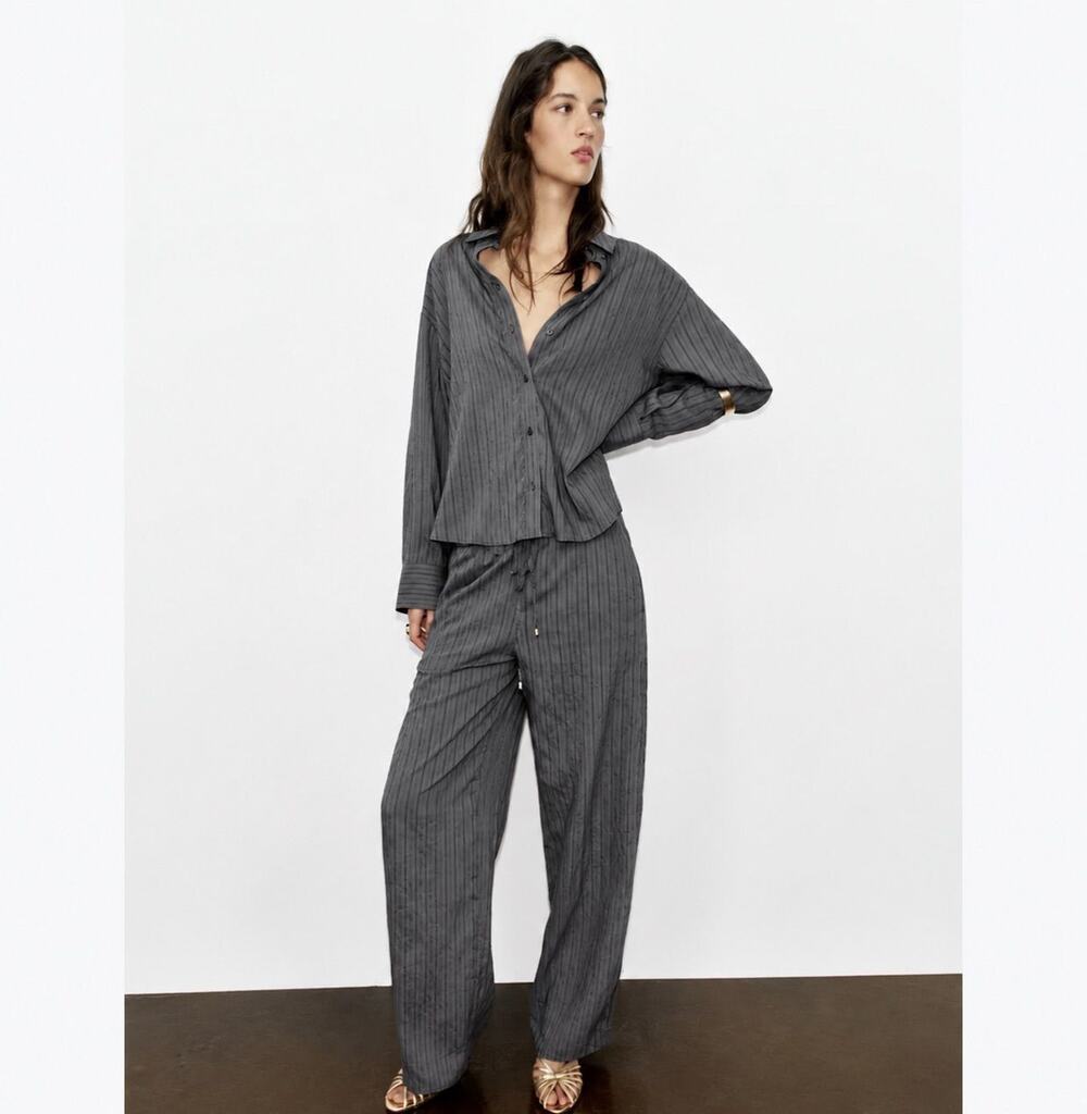 Zara Pinstripe Button Down Shirt Wide Leg Pants Set Size M